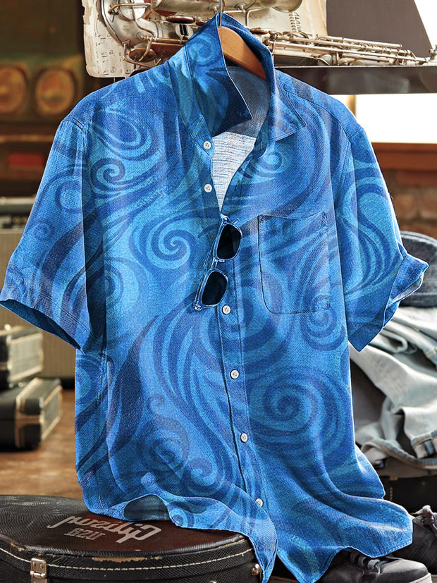 Men's Vintage Line Spiral Pattern Lapel Short Sleeve Pocket Shirt