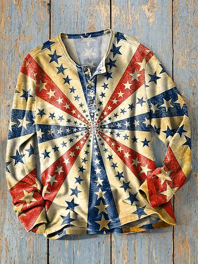 Men's Vintage Gradient Pentagram Pattern Long Sleeve Henley Shirt