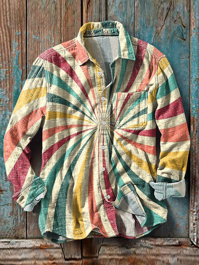 Men's Vintage Rainbow Color Line Pattern Long Sleeve Pocket Shirt