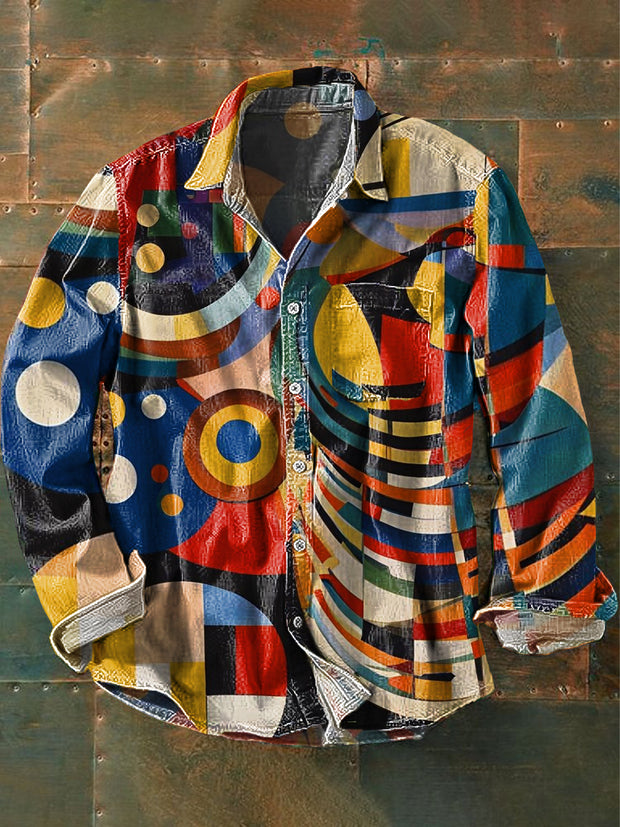 Men's Vintage Colorful Irregular Geometric Pattern Long Sleeve Pocket Shirt