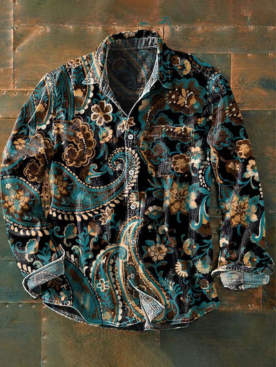 Men's Vintage Cashew Floral Print Lapel Short Sleeve Shirt