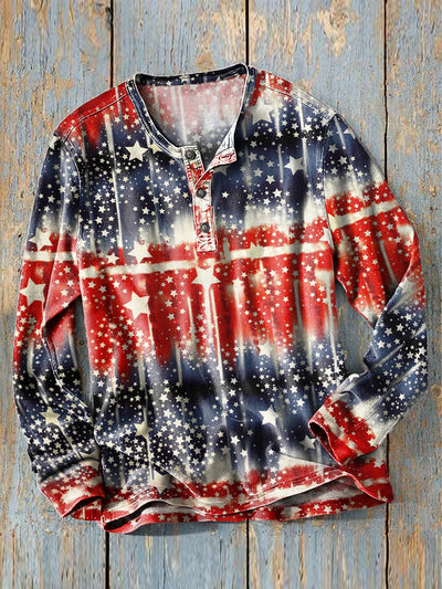 Men's Vintage Gradient Stripe Pentagram Pattern Long Sleeve Henley Shirt