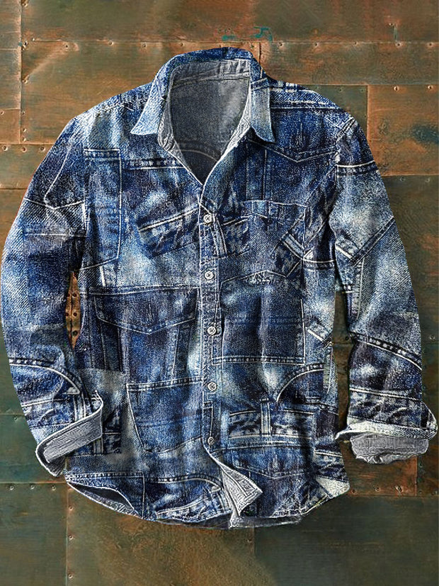 Men's Vintage Denim Color Patchwork Pattern Long Sleeve Pocket Shirt