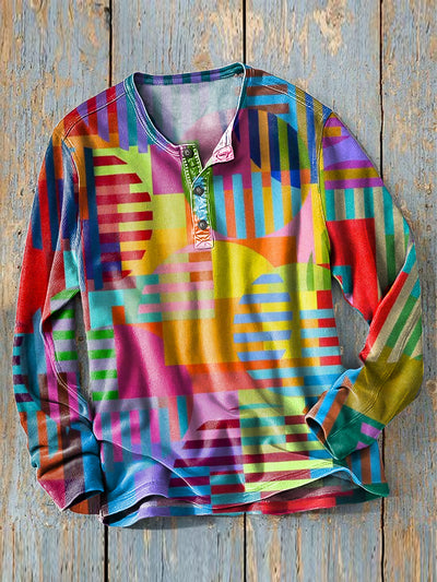 Men's Vintage Rainbow Color Geometric Line Pattern Long Sleeve Henley Shirt