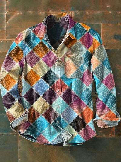 Men's Retro Colorful Square Print Lapel Short Sleeve Shirt