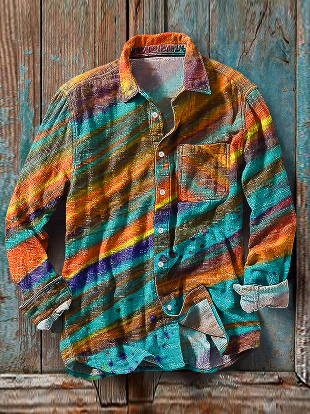 Men's Vintage Retro Multicolor Textured Pattern Long Sleeve Pocket Shirt