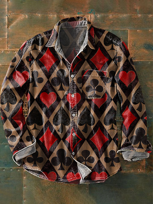 Men's Vintage Poker Pattern Long Sleeve Pocket Shirt