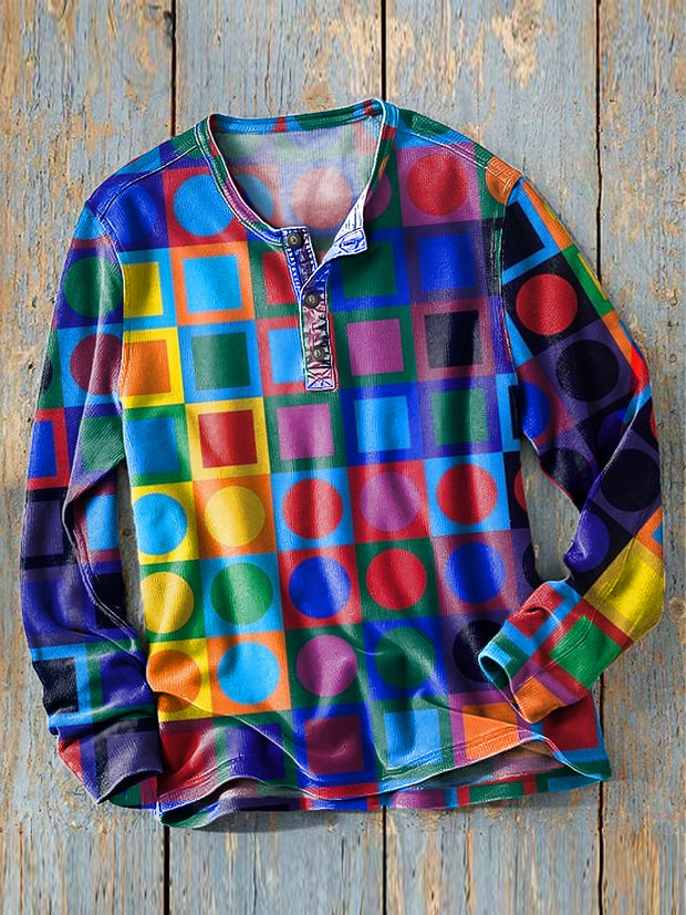 Men's Vintage Rainbow Color Geometric Long Sleeve Henley Shirt