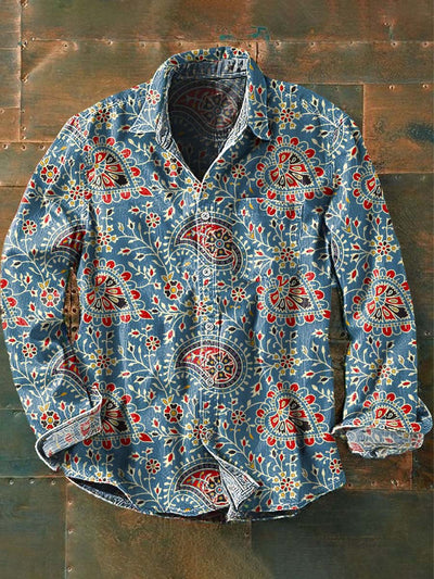 Men's Vintage Cashew Floral Print Lapel Short Sleeve Shirt