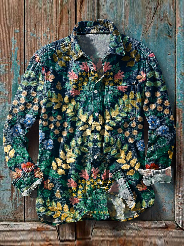 Men's Vintage Symmetrical Floral Pattern Long Sleeve Pocket Shirt