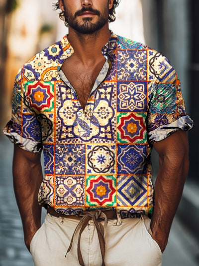Men's Vintage Ethnic Geometric Floral Pattern Short Sleeve Henley Shirt