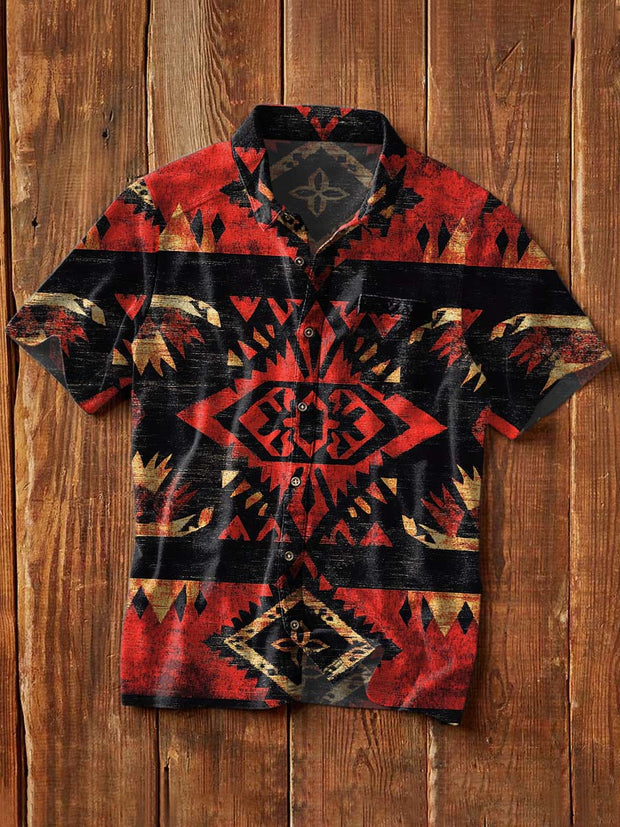 Men's Vintage Western Style Printed Casual Lapel Short Sleeve Shirt