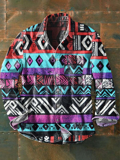 Men's Vintage Colorful Western Style Printed Lapel Short Sleeve Shirt