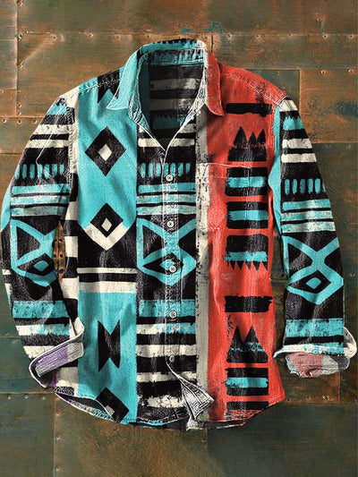 Men's Vintage Colorful Western Style Printed Lapel Short Sleeve Shirt