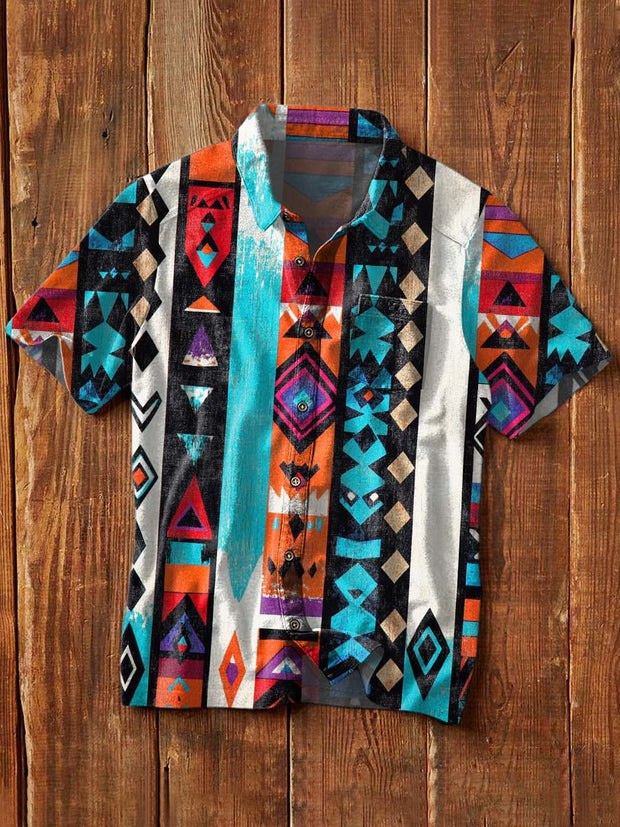 Men's Vintage Western Style Printed Casual Lapel Short Sleeve Shirt