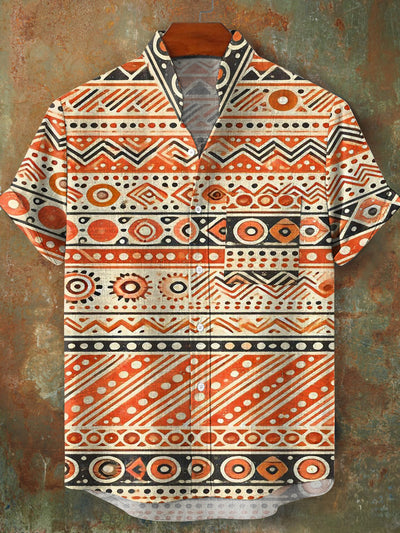 Men's Vintage Geometric Stripe Pattern Stand Collar Short Sleeve Pocket Shirt