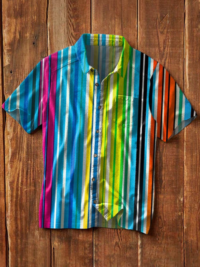 Men's Vintage Western Style Striped Printed Lapel Short Sleeve Shirt