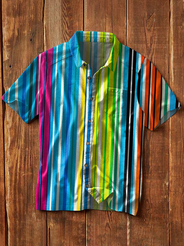 Men's Vintage Western Style Striped Printed Lapel Short Sleeve Shirt