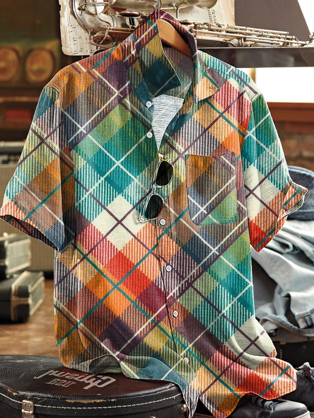 Men's Vintage Color Line Plaid Lapel Short Sleeve Pocket Shirt
