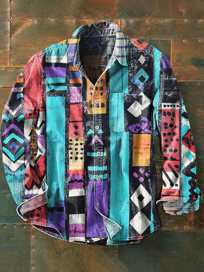 Men's Vintage Irregular Western Style Printed Lapel Short Sleeve Shirt