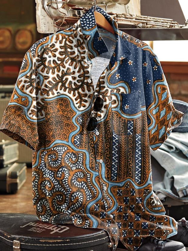 Men's Vintage Colorful Irregular Art Print Lapel Short Sleeve Pocket Shirt