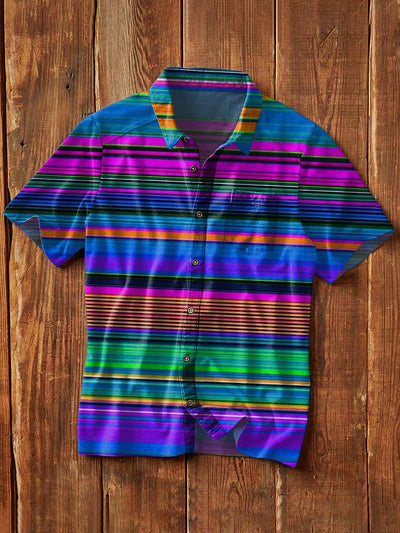Men's Vintage Western Style Striped Printed Lapel Short Sleeve Shirt