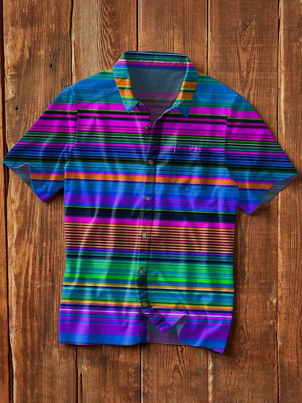 Men's Vintage Western Style Striped Printed Lapel Short Sleeve Shirt