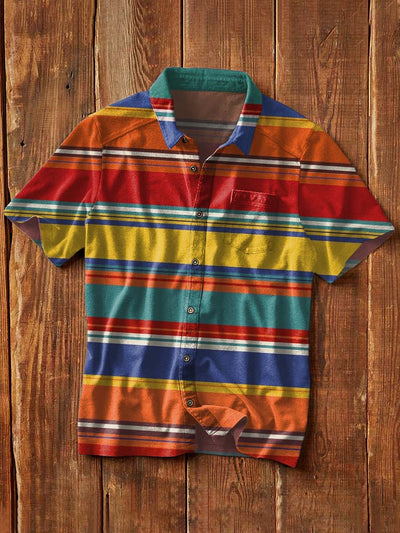 Men's Vintage Western Style Striped Printed Lapel Short Sleeve Shirt