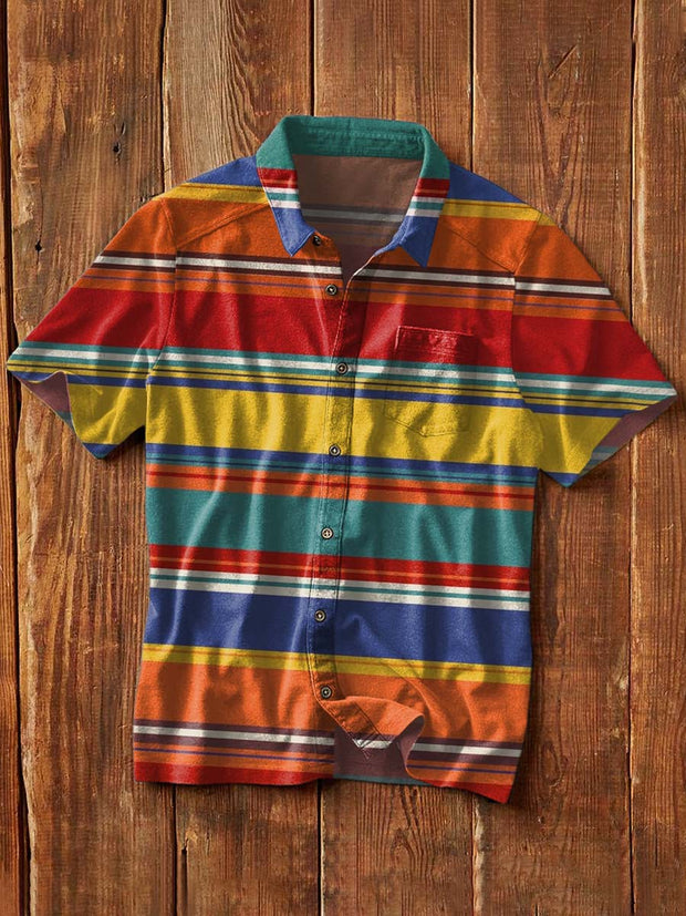 Men's Vintage Western Style Striped Printed Lapel Short Sleeve Shirt