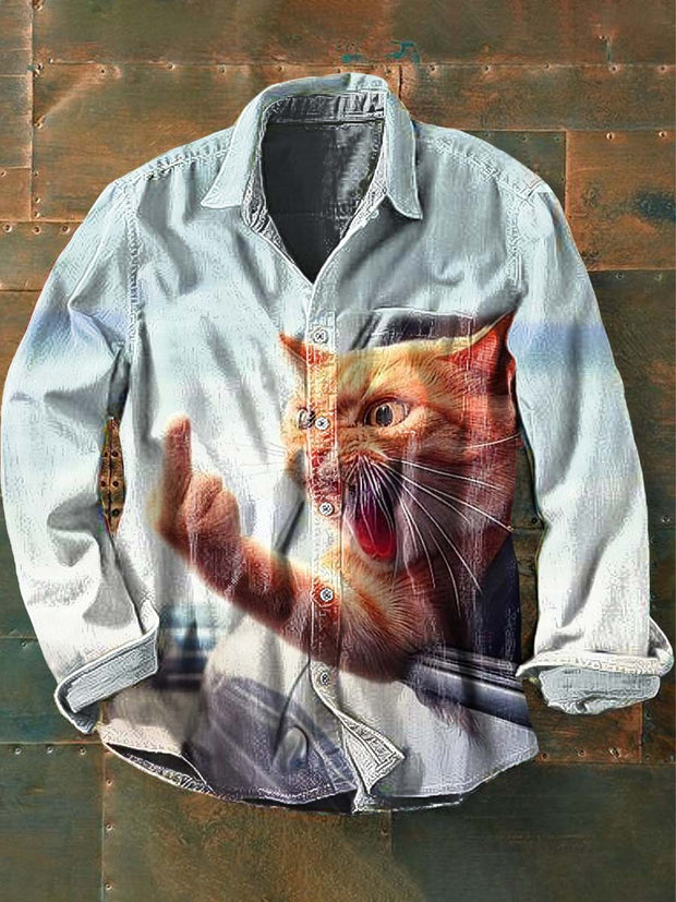 Funny Angry Cat Art Print Casaul Lapel Long-Sleeved Shirt