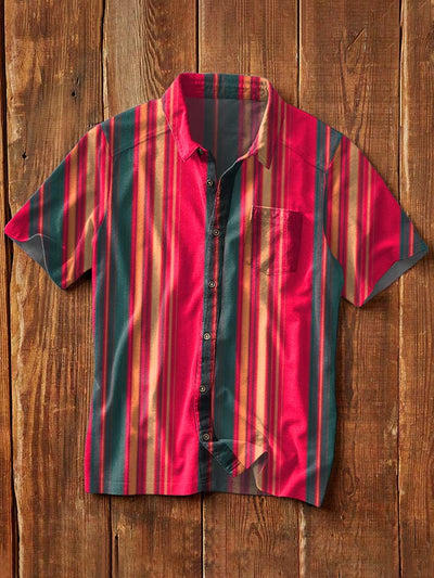 Men's Vintage Western Style Striped Printed Lapel Short Sleeve Shirt
