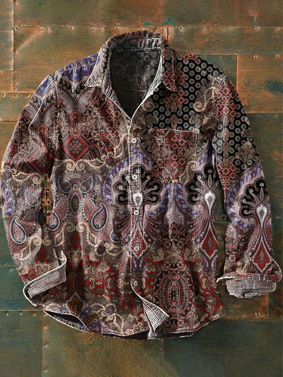 Men's Vintage Floral Printed Casual Lapel Long Sleeve Shirt