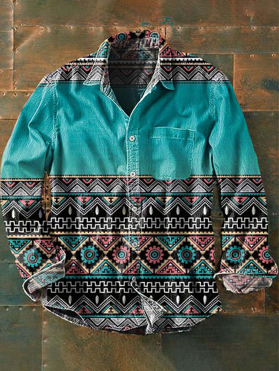 Men's Western Print Casual Lapel Long Sleeve Shirt