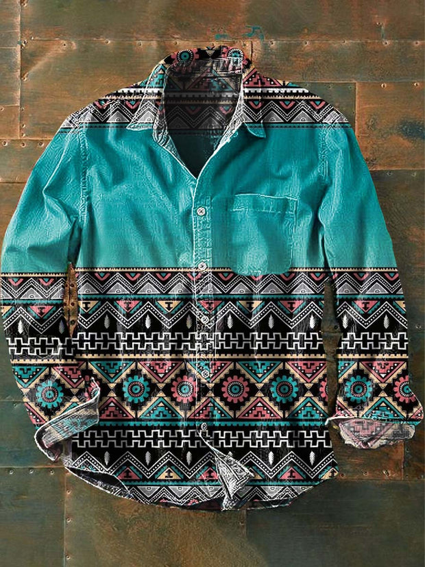 Men's Western Print Casual Lapel Long Sleeve Shirt