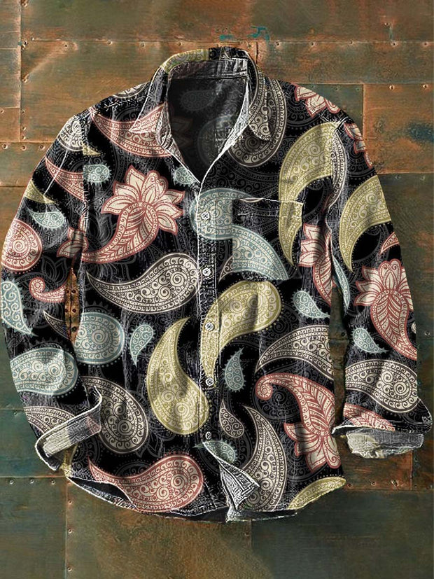Men's Vintage Cashew Flower Pattern Printed Casual Lapel Long Sleeve Shirt