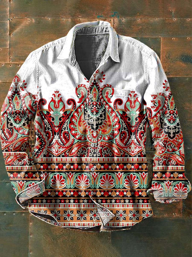 Men's Western Print Casual Lapel Long Sleeve Shirt