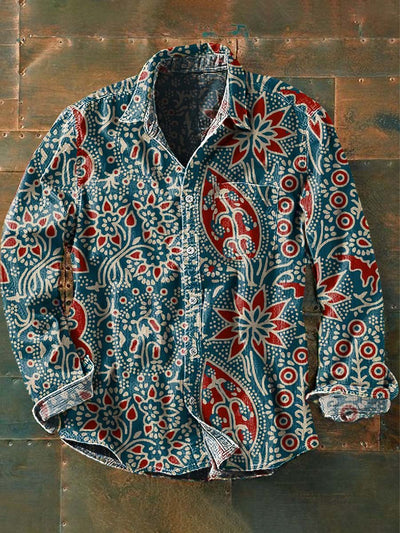 Men's Vintage Floral Printed Casual Lapel Long Sleeve Shirt