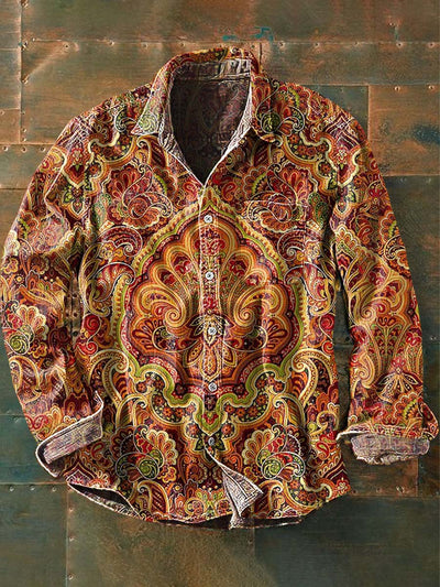 Men's Vintage Floral Printed Casual Lapel Long Sleeve Shirt