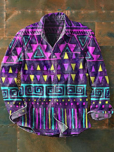 Men's Western Print Casual Lapel Long Sleeve Shirt