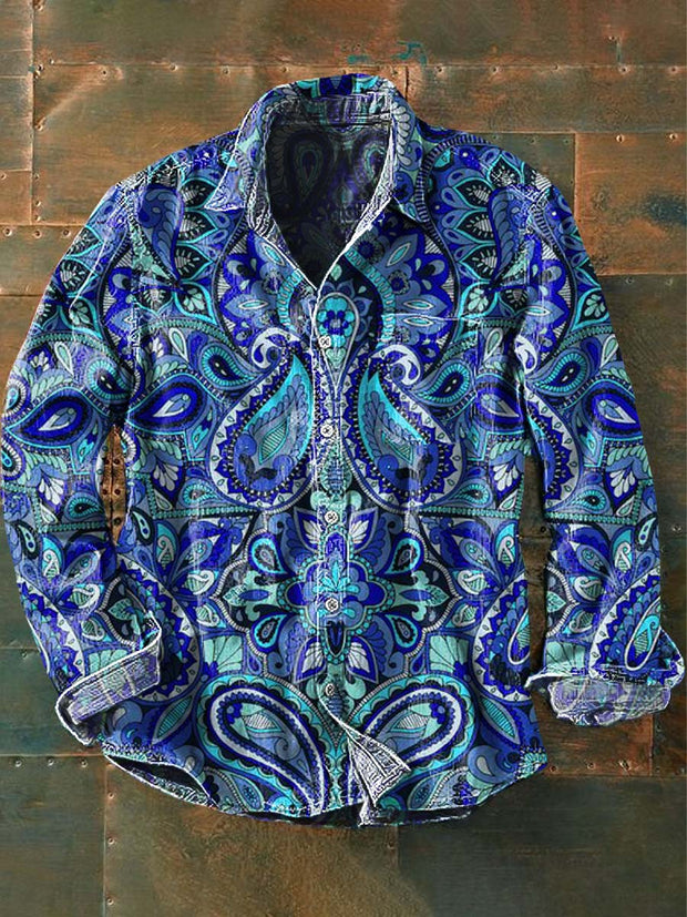 Men's Vintage Cashew Flower Pattern Printed Casual Lapel Long Sleeve Shirt