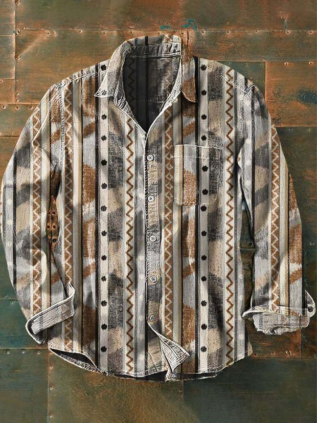 Men's Western Print Casual Lapel Long Sleeve Shirt