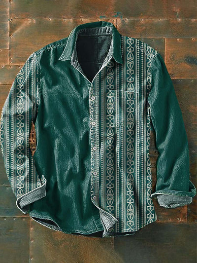 Men's Vintage Patchwork Western Style Printed Casual Lapel Long Sleeve Shirt
