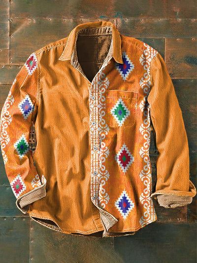 Men's Vintage Patchwork Western Style Printed Casual Lapel Long Sleeve Shirt