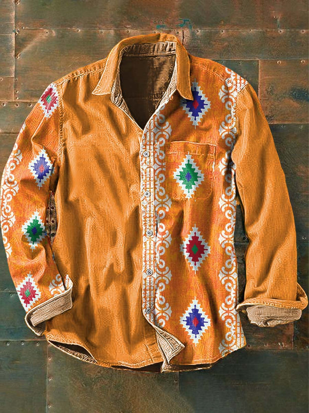 Men's Vintage Patchwork Western Style Printed Casual Lapel Long Sleeve Shirt