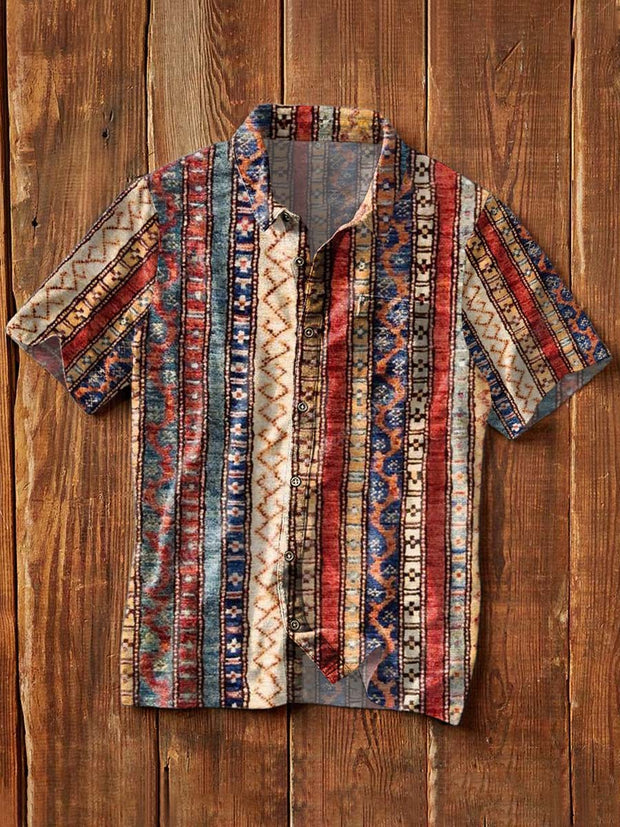 Men's Vintage Western Style Printed Casual Lapel Short Sleeve Shirt