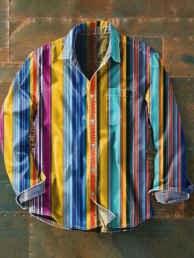 Men's Vintage Western Style Striped Printed Casual Lapel Long Sleeve Shirt