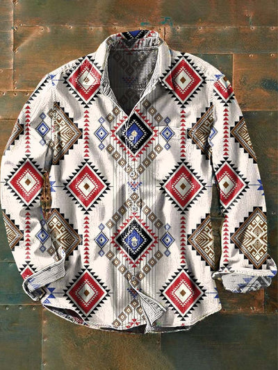 Men's Vintage Western Style Printed Casual Lapel Long Sleeve Shirt