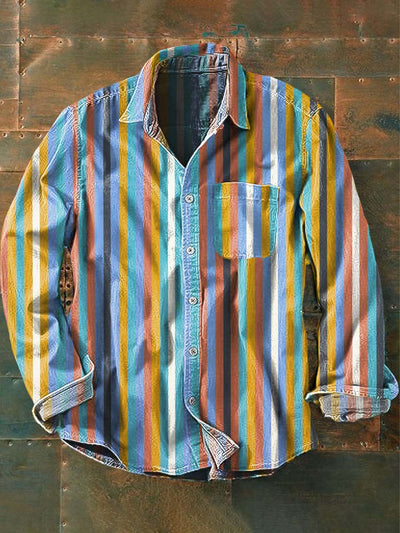 Men's Vintage Western Style Striped Printed Casual Lapel Long Sleeve Shirt