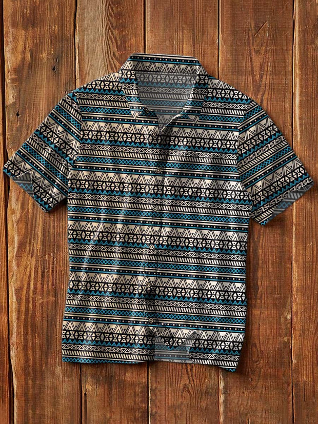 Men's Vintage Striped Western Style Printed Casual Lapel Short Sleeve Shirt