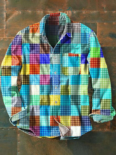 Men's Retro Dazzle Abstract Print Casual Lapel Long Sleeve Shirt
